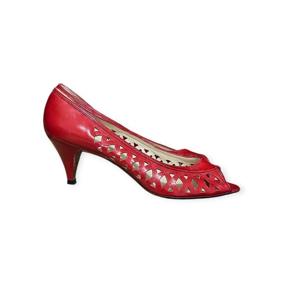Vintage 1980s Nogueron Cherry Red Cut-Out Leather Pumps Made in Spain - Picture 6 of 13